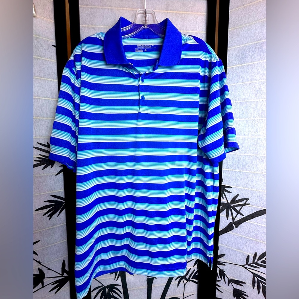 Nike Golf Tour Polo Short Sleeve Blue / White Stripes Size Large Canyon Farms